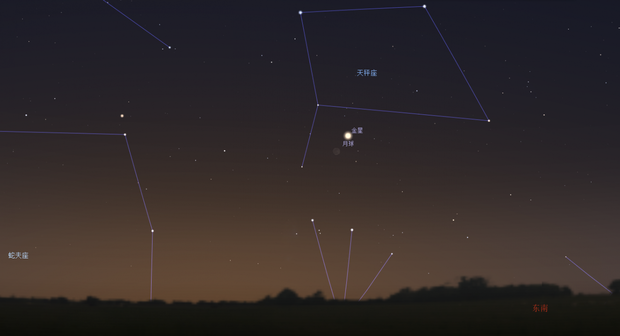 2020/12/13清晨，金星與月球接近示意圖