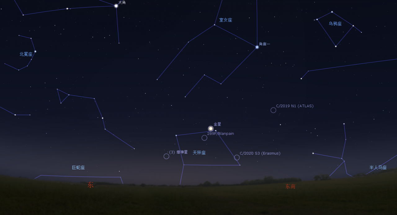 2020/12/4淩晨，金星與彗星的位置示意圖