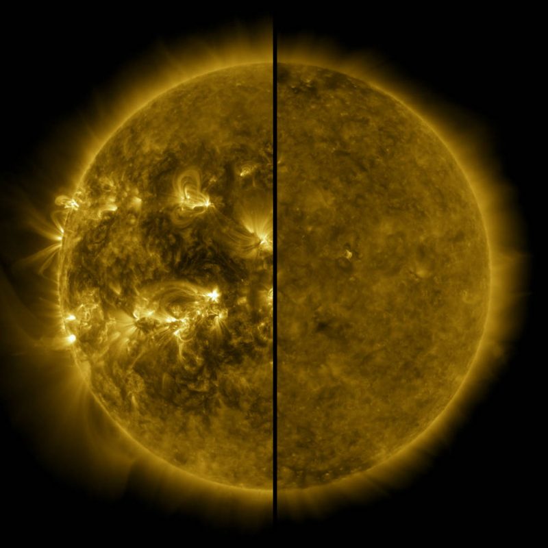第24太阳黑子周期极大期的太阳（左，2014年4月）与极小期（右，2019年12月）。